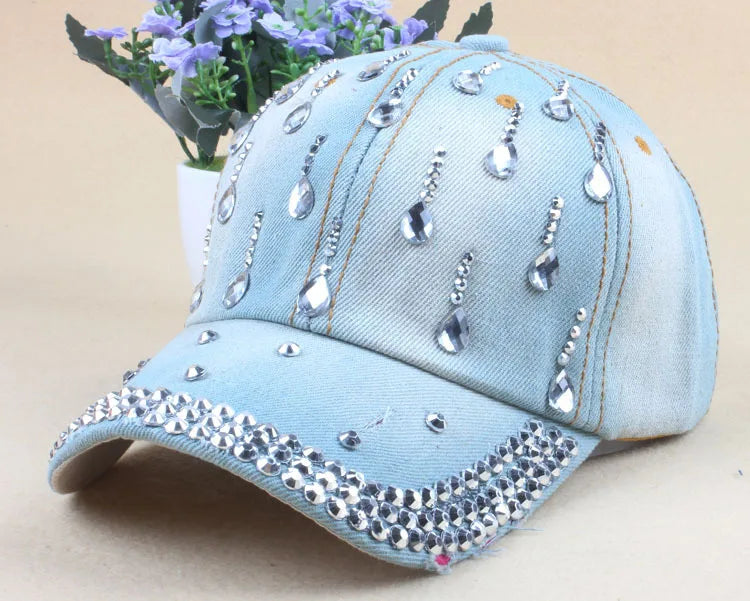 Denim Hip Hop Water Drop Rhinestone Ladies Vintage Jean Baseball Cap