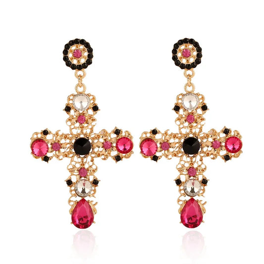 Vintage Crystal Cross Baroque Bohemian Oversized Drop Earrings