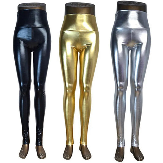 Metallic High Waist Shiny Faux Leather Stretch Leggings