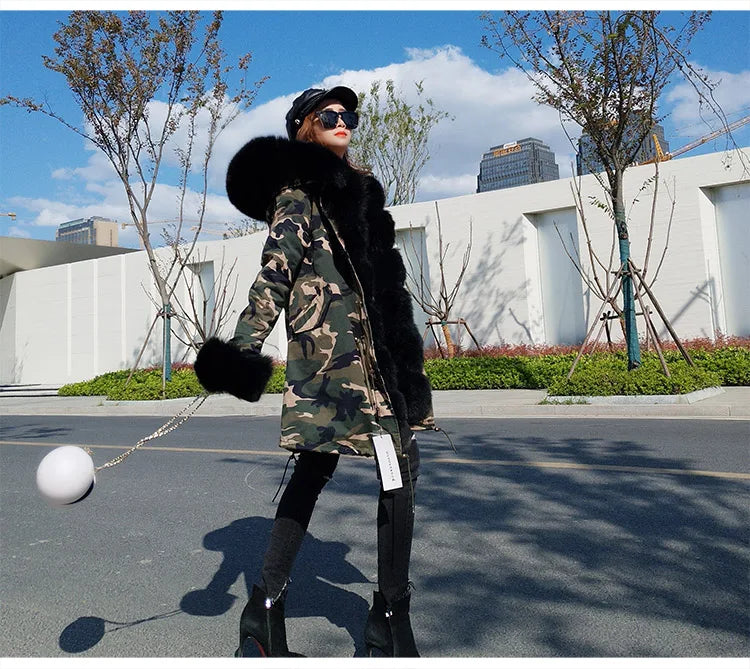 Colorblock Real Fur Oversized Collar Hip-Hop Design Women's Hooded Full Pelt Trenchcoat