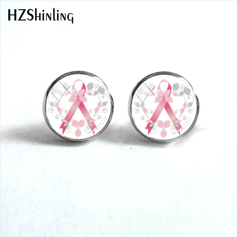 Glass Ribbon Dome Gem Women Earrings Laser Cut Remembrance Breast Cancer Awareness Earrings