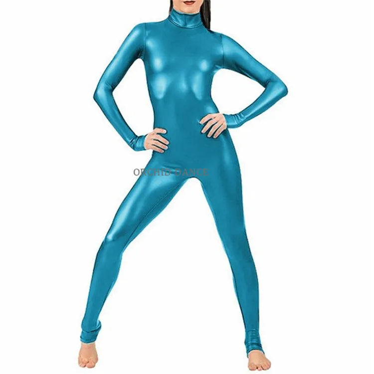 Turtleneck Faux Leather Long Sleeve Zipper Back Bodycon Skin Tight Unitard Jumpsuit-12 Colors!