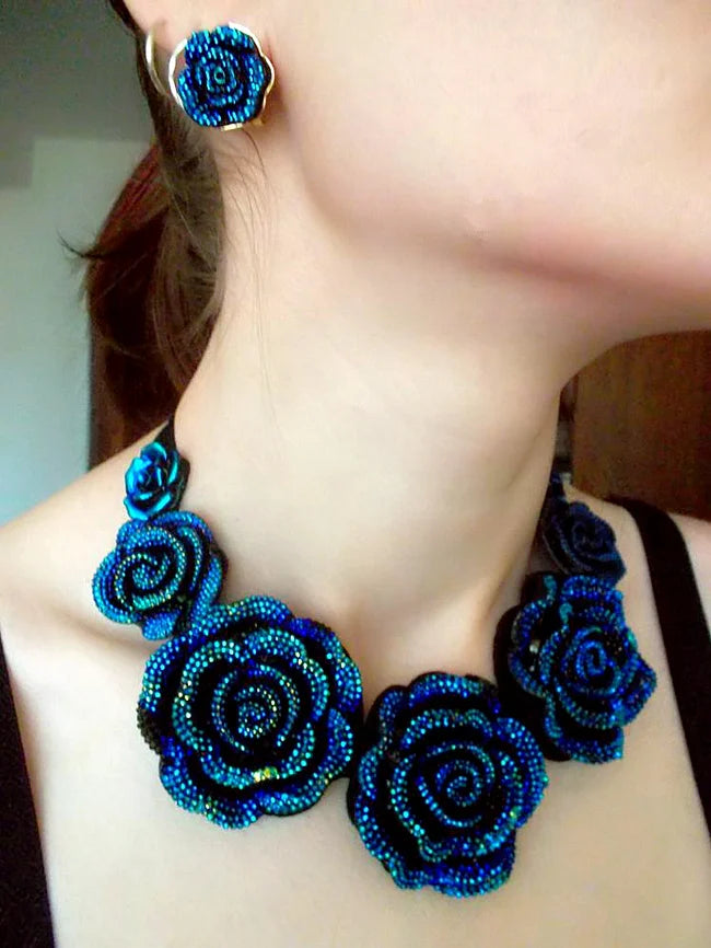 Big Blue Resin Rose Flower Statement Necklace w/ Earrings 2-Piece Jewelry Set