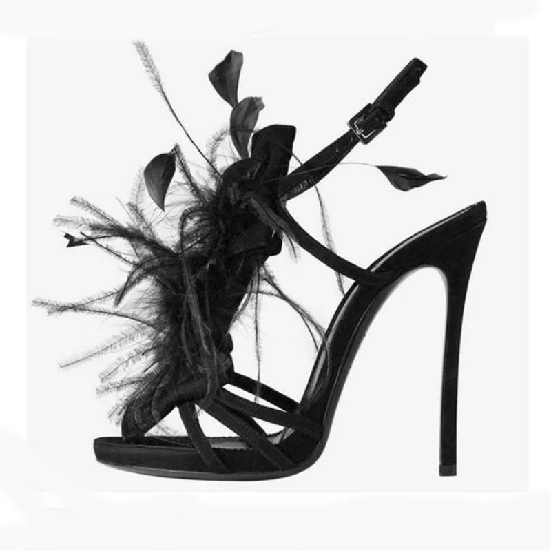 Feather Decor Real Leather Catwalk Stiletto Heel Open Toe Sandal Pumps