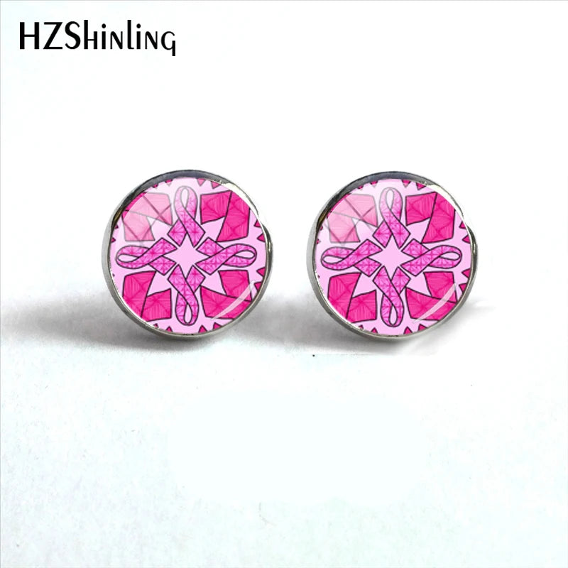 Glass Ribbon Dome Gem Women Earrings Laser Cut Remembrance Breast Cancer Awareness Earrings