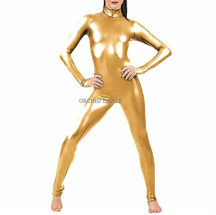 Turtleneck Faux Leather Long Sleeve Zipper Back Bodycon Skin Tight Unitard Jumpsuit-12 Colors!