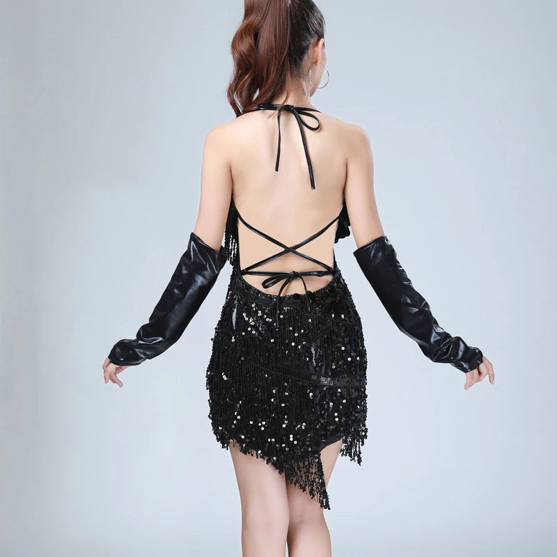 Shiny Sequin Fringe Tassel V-Neck Backless Lace-Up Formal Mini Dancer/Party/Salsa Dress w/ Gloves