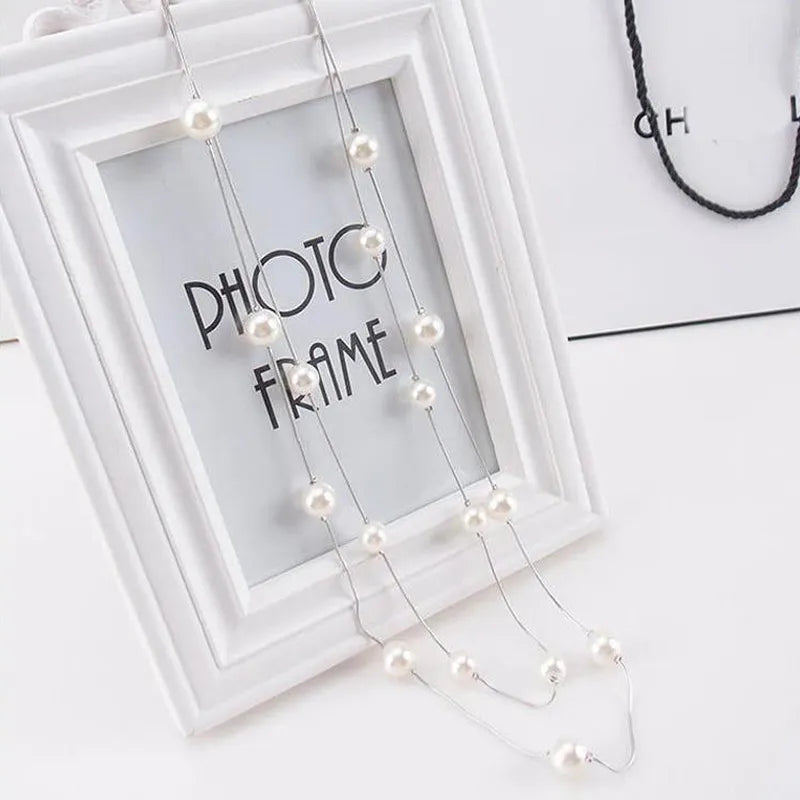 Long Double Layer Simulated Pearl Women's Gold Chain Necklace