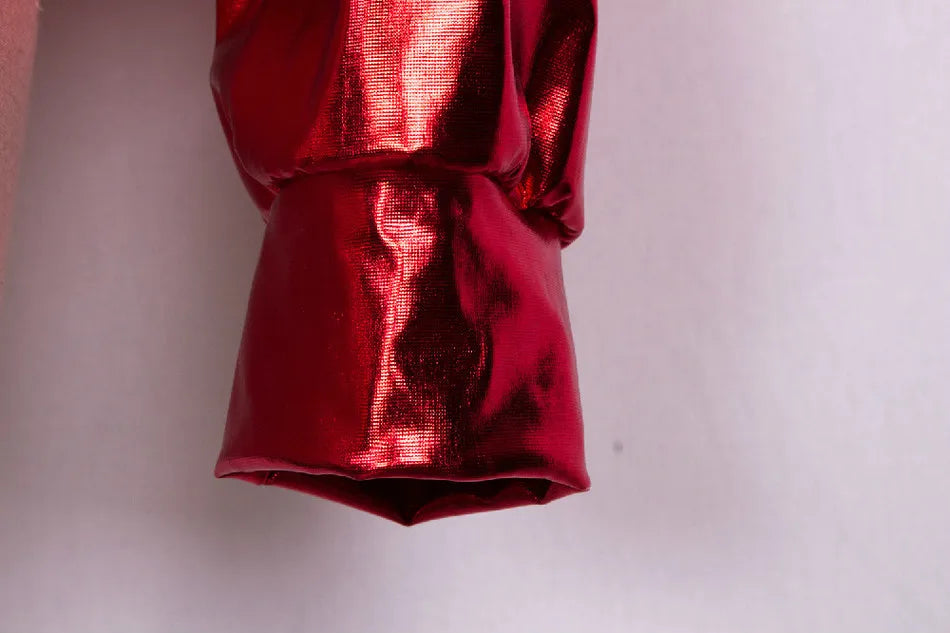 Red Metallic Shiny Hooded Ladies Zipper Jacket