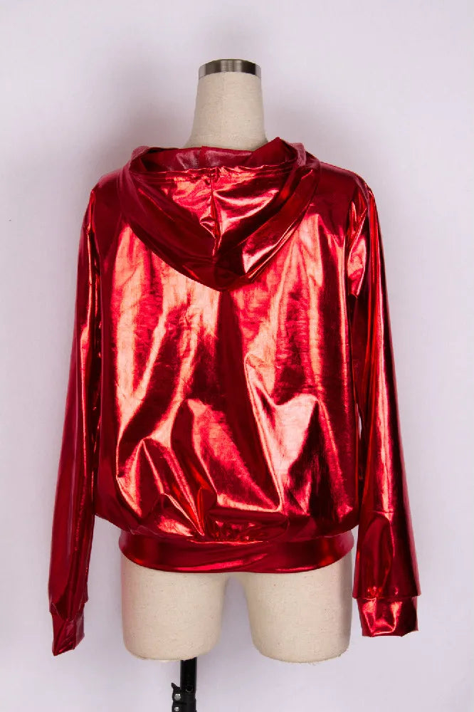 Red Metallic Shiny Hooded Ladies Zipper Jacket