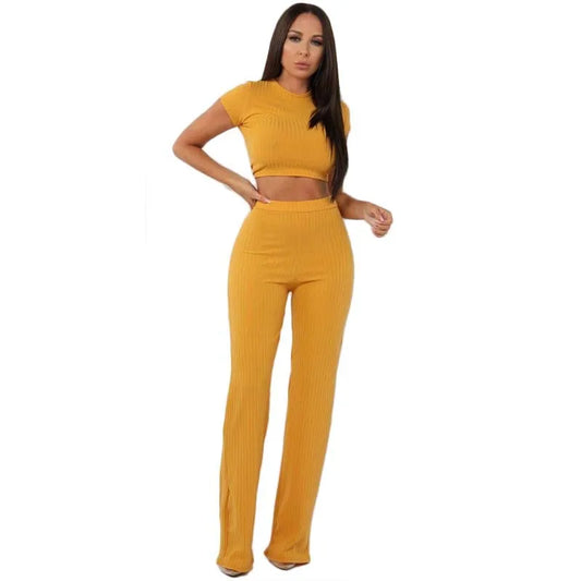 Knitted Short Sleeve O-Neck Crop Top + Wide Leg Pants 2-Piece Set