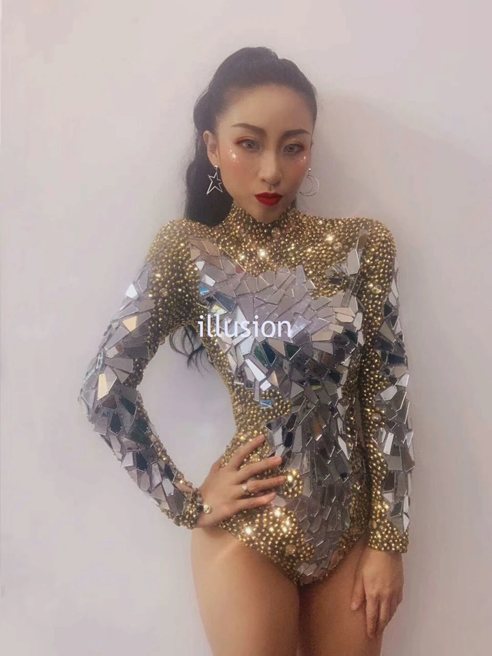 Sparkling Metallic Geometric Rhinestone Mirror Performance Bodysuit Costume