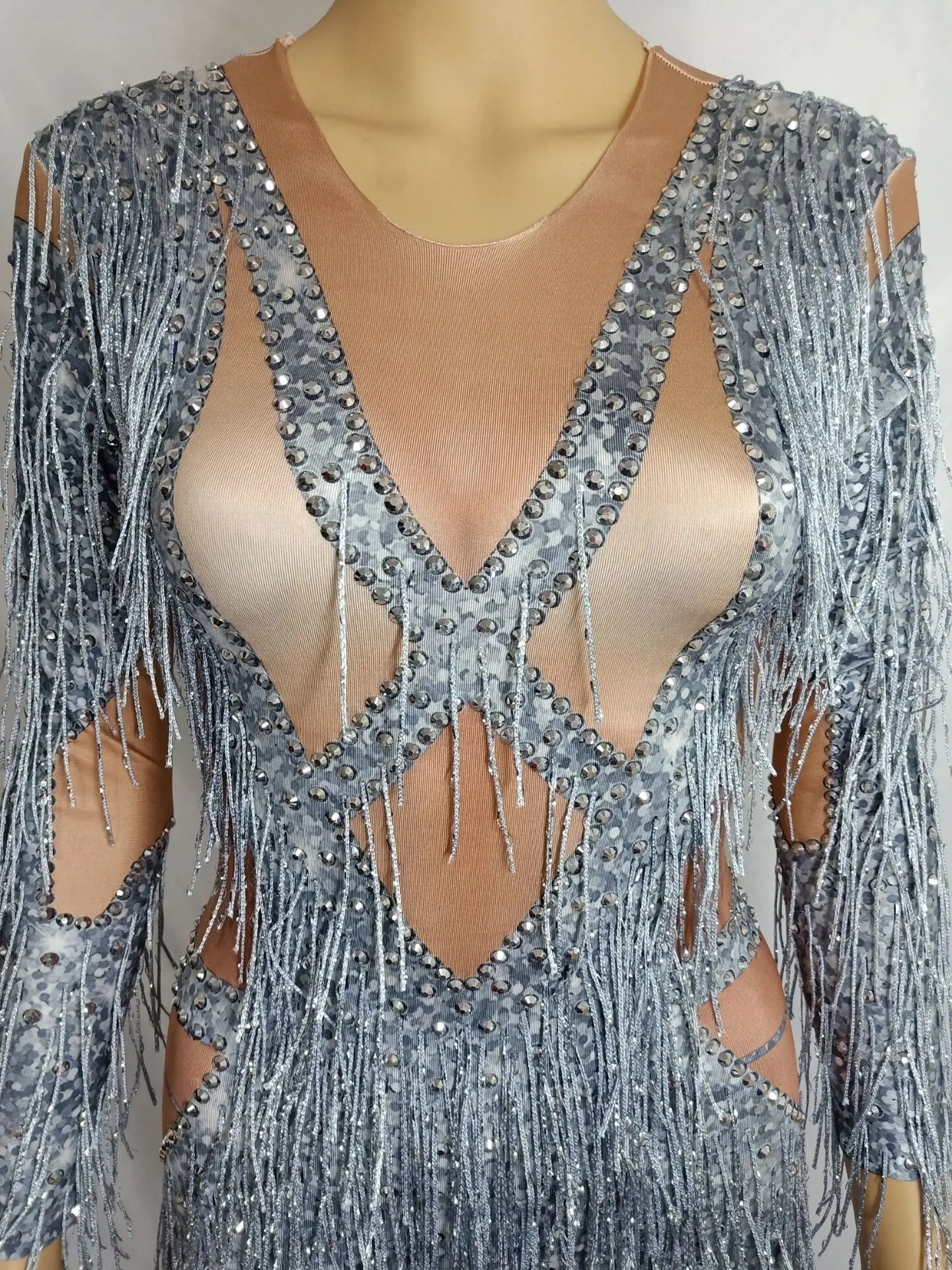 Silver Glitter Crystal Rhinestone Fringe Skinny Stage Wear Performance Costume Jumpsuit