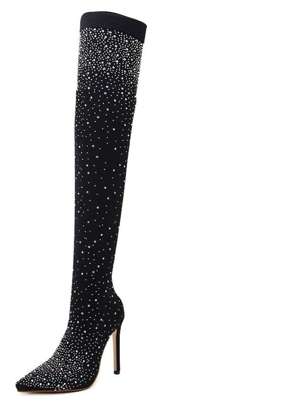 Crystal Stretch Pointed Toe Over-the-Knee Thigh High Sock Boots