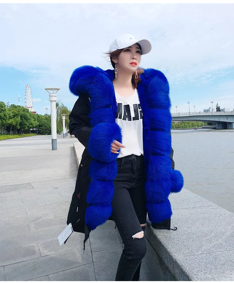 Colorblock Real Fur Oversized Collar Hip-Hop Design Women's Hooded Full Pelt Trenchcoat