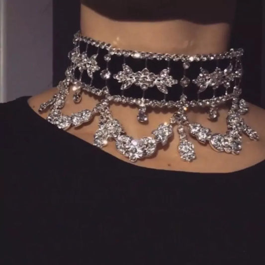 Rhinestone Crystal Black/Silver Flower Ribbon Collar Link Chain Choker Necklace