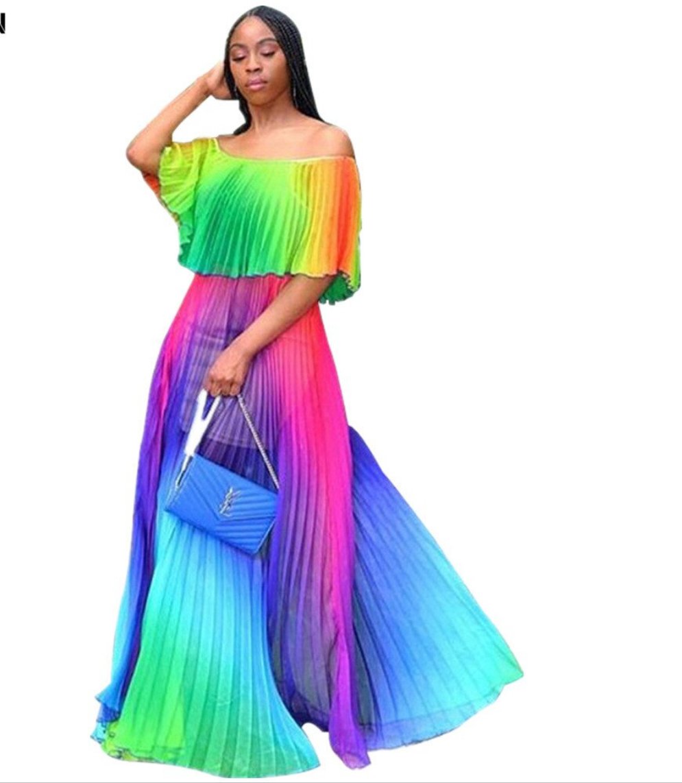 Gradient Pleated African Beach Dress