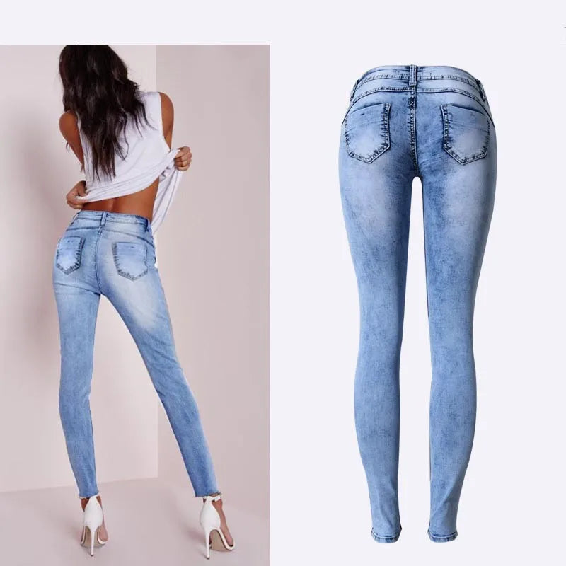 Denim Faded Patchwork Ladies Low Rise High Stretch Push Up Skinny Jeans