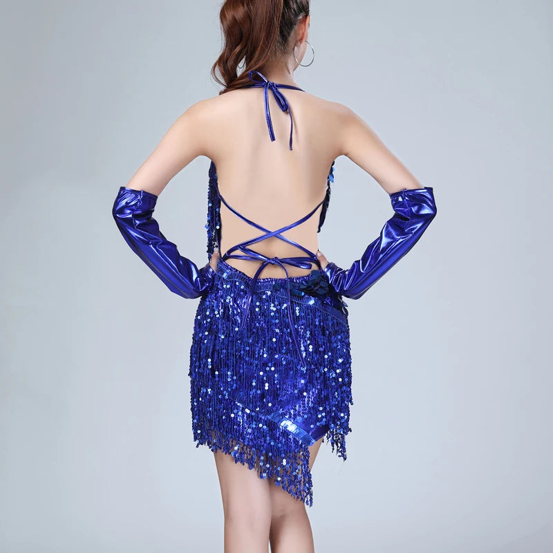 Shiny Sequin Fringe Tassel V-Neck Backless Lace-Up Formal Mini Dancer/Party/Salsa Dress w/ Gloves