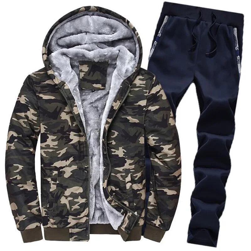 Hooded Velvet Camouflage or Solid Men's Drawstring Tracksuit