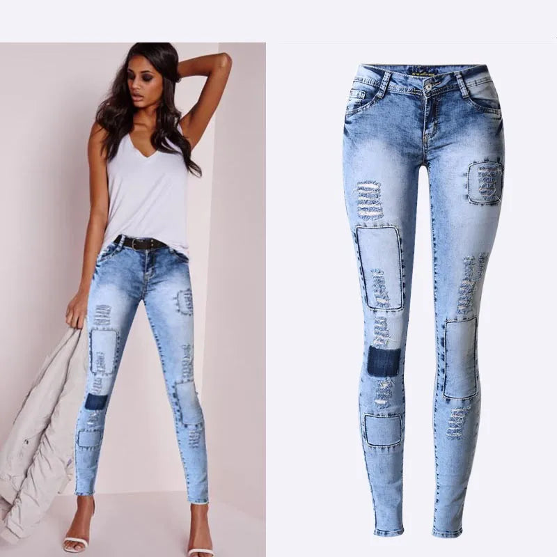 Denim Faded Patchwork Ladies Low Rise High Stretch Push Up Skinny Jeans