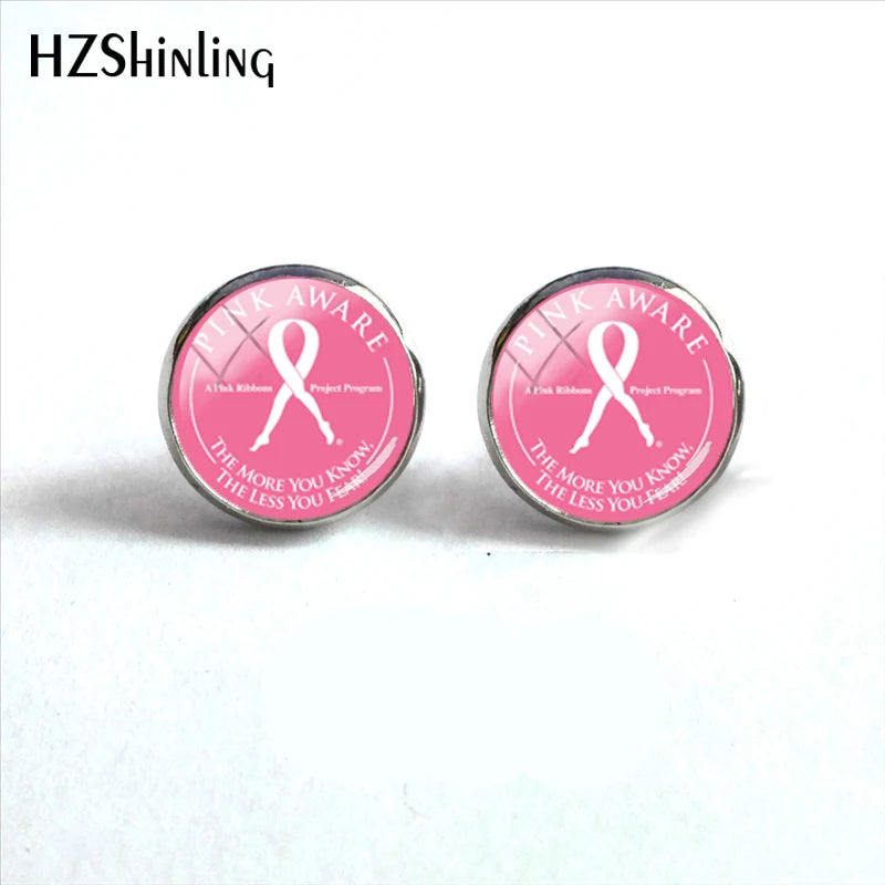 Glass Ribbon Dome Gem Women Earrings Laser Cut Remembrance Breast Cancer Awareness Earrings