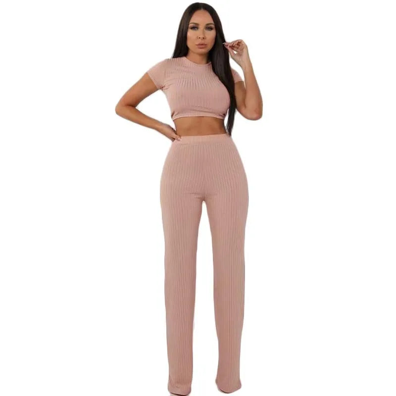 Knitted Short Sleeve O-Neck Crop Top + Wide Leg Pants 2-Piece Set