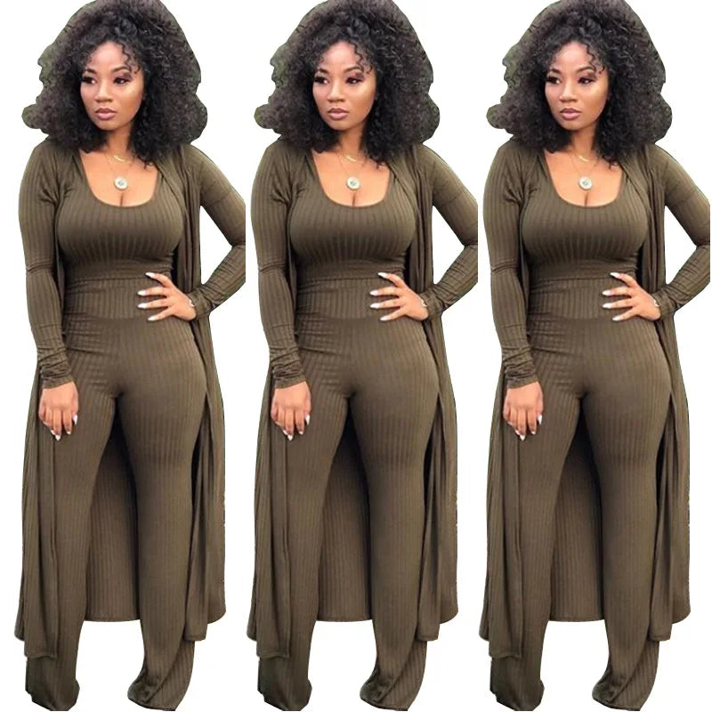 Women's Solid Knitted Long Sleeve Maxi Cardigan, Loose Wide Leg Pants + Crop Top 3-Piece Set