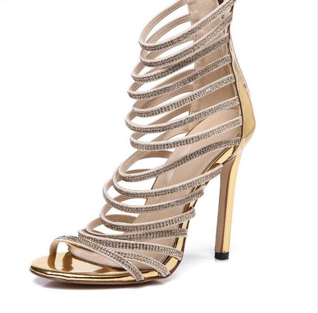 Gold Crystal Thin Strap Gladiator Stiletto Heel Rhinestone Cage Sandals