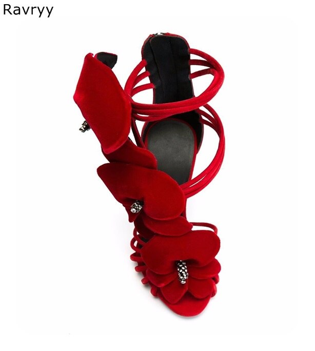 Red Flower Crystal Thin Heel Sandals