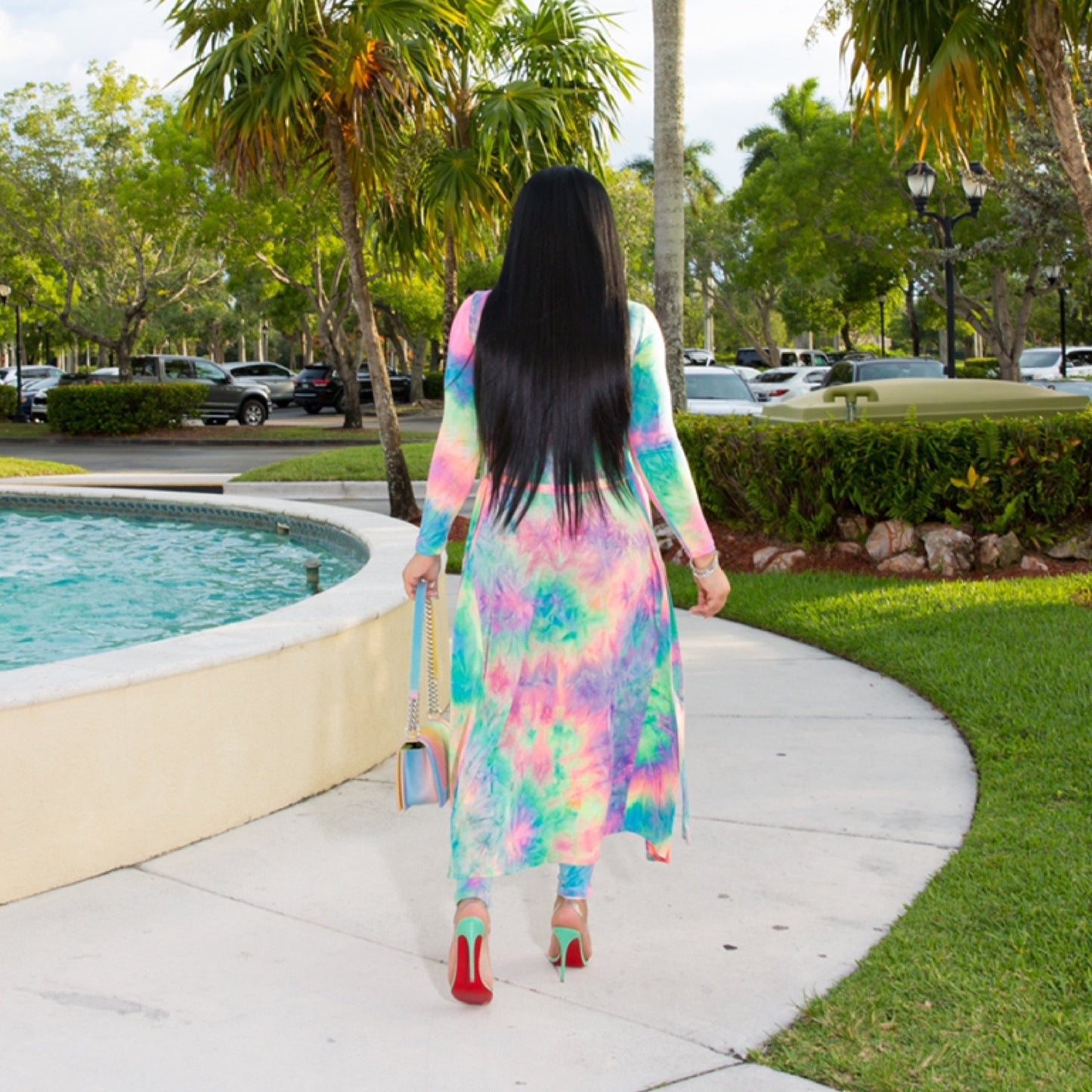 Tie Dye/Printed/Geometric Long Sleeve Maxi Jacket + Elastic Leggings Plus Size 2-Piece Set