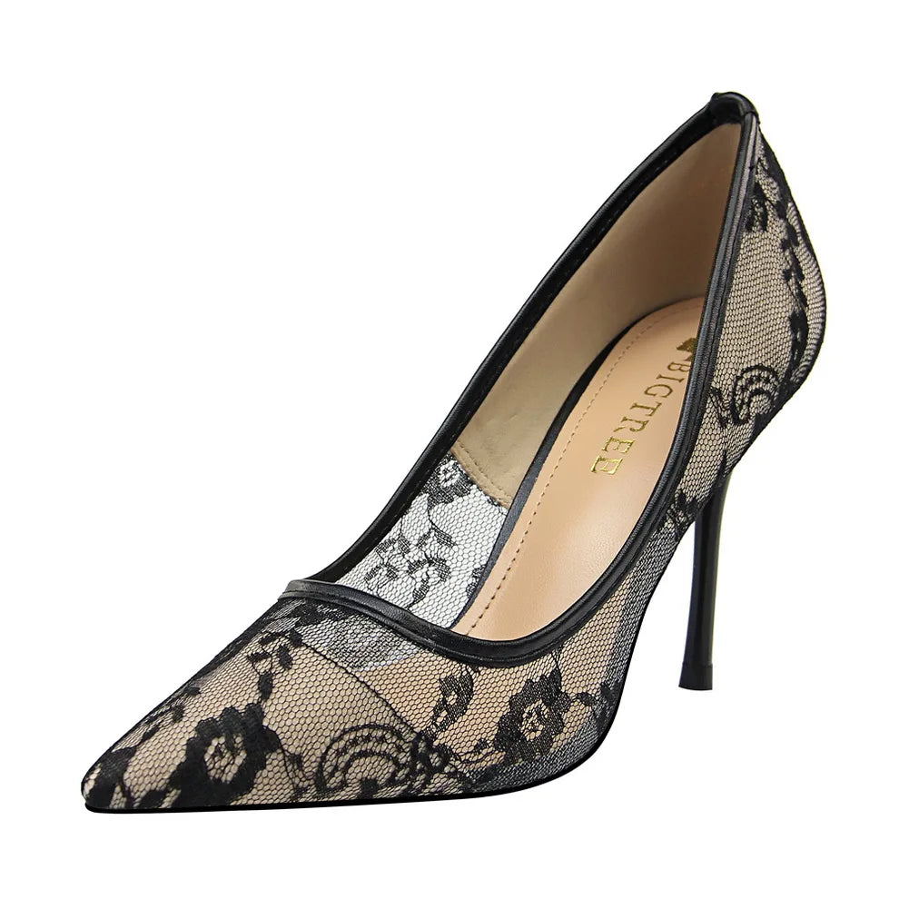 Lace Embroidered Pointed Toe Solid Color High Stiletto Heel Pumps