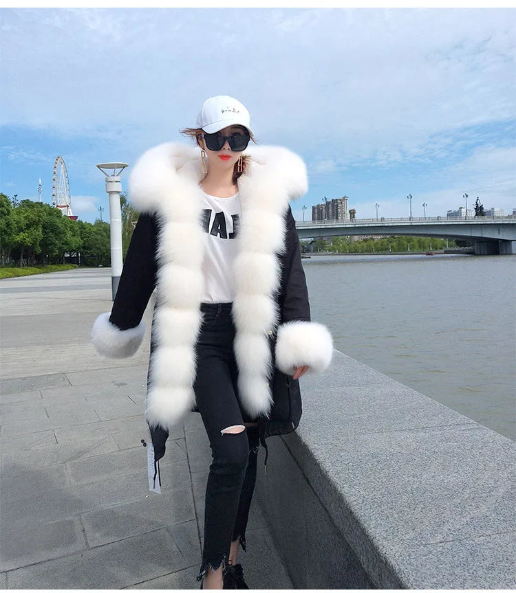 Colorblock Real Fur Oversized Collar Hip-Hop Design Women's Hooded Full Pelt Trenchcoat