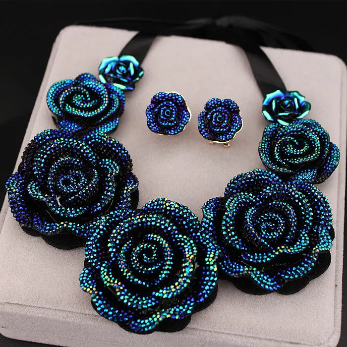 Big Blue Resin Rose Flower Statement Necklace w/ Earrings 2-Piece Jewelry Set