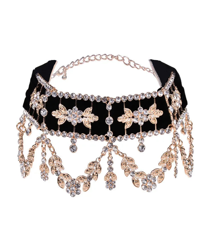 Rhinestone Crystal Black/Silver Flower Ribbon Collar Link Chain Choker Necklace