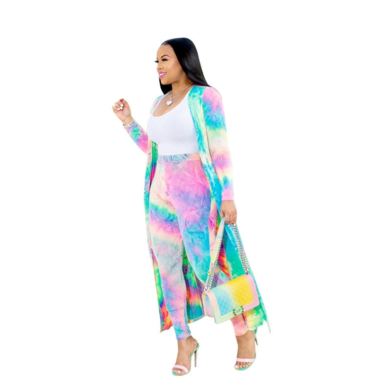 Tie Dye/Printed/Geometric Long Sleeve Maxi Jacket + Elastic Leggings Plus Size 2-Piece Set