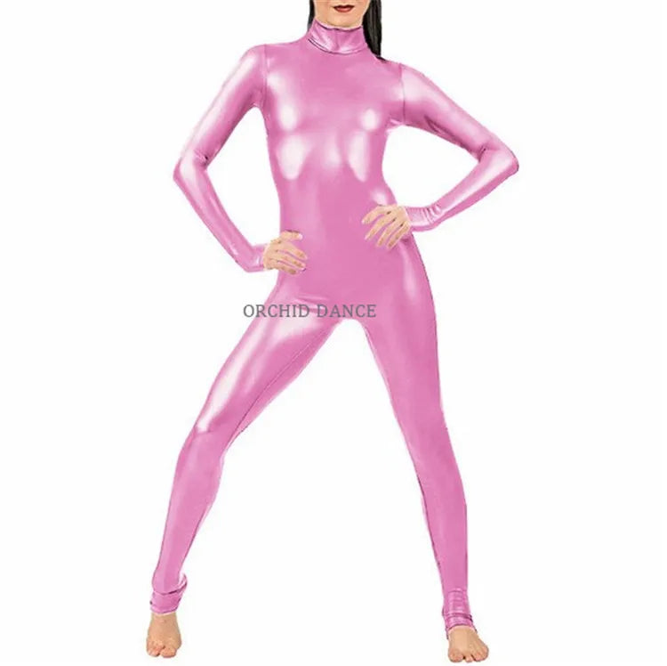 Turtleneck Faux Leather Long Sleeve Zipper Back Bodycon Skin Tight Unitard Jumpsuit-12 Colors!