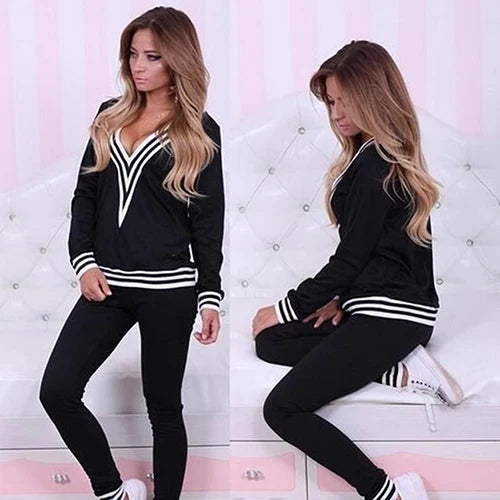 Striped Hem Women's V-Neck Sweatshirt + Sweatpants 2-Piece Set