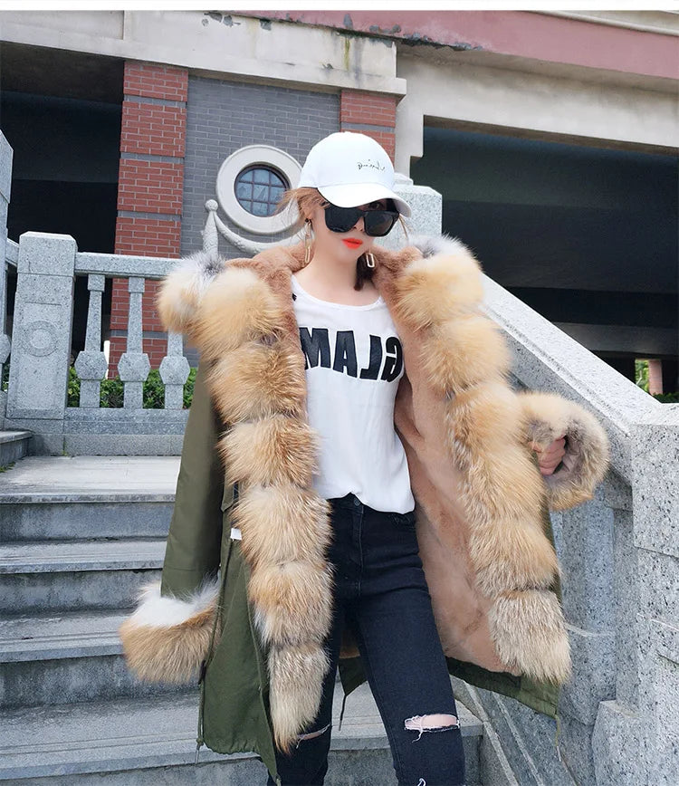 Colorblock Real Fur Oversized Collar Hip-Hop Design Women's Hooded Full Pelt Trenchcoat