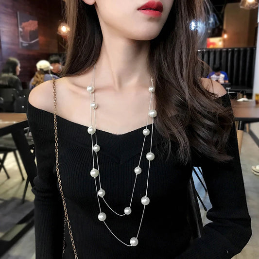 Long Double Layer Simulated Pearl Women's Gold Chain Necklace