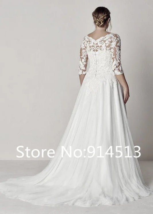 Tulle V-Neck Neckline A-line Plus Size Long Sleeve Lace Backless Bohemian Bridal Gown Dress