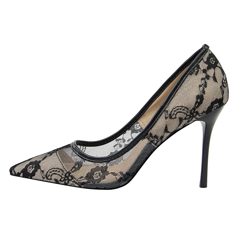 Lace Embroidered Pointed Toe Solid Color High Stiletto Heel Pumps