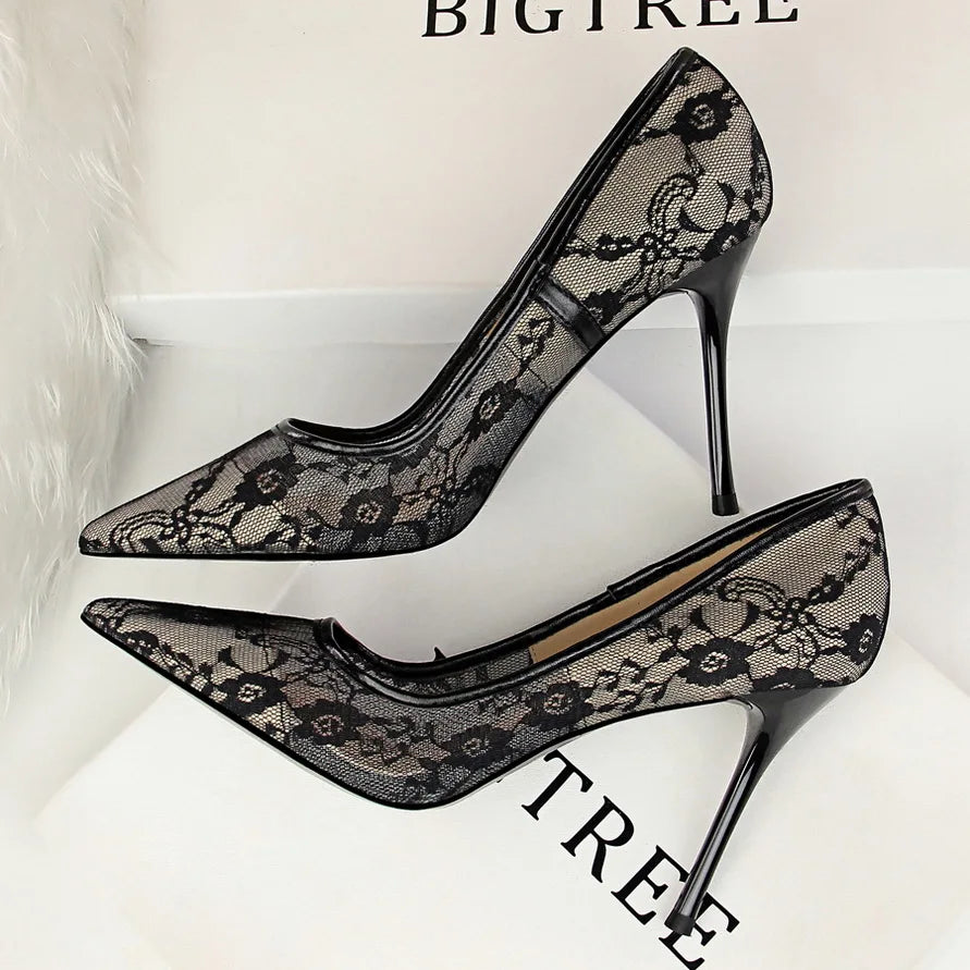 Lace Embroidered Pointed Toe Solid Color High Stiletto Heel Pumps