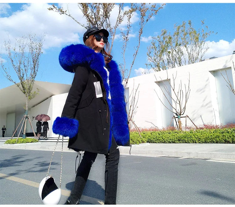 Colorblock Real Fur Oversized Collar Hip-Hop Design Women's Hooded Full Pelt Trenchcoat
