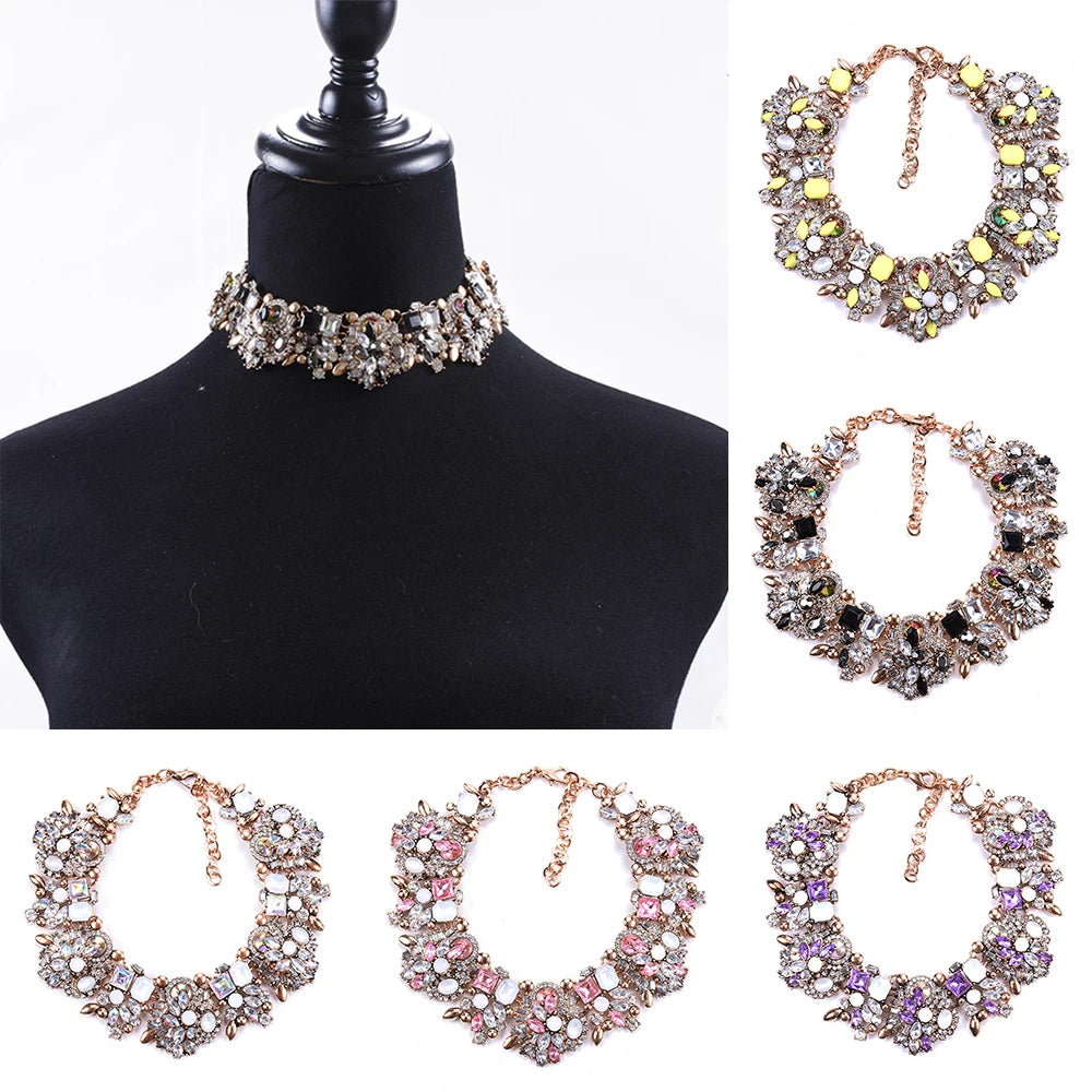 Rhinestone Flower Crystal Statement Bib Collar Choker Necklace