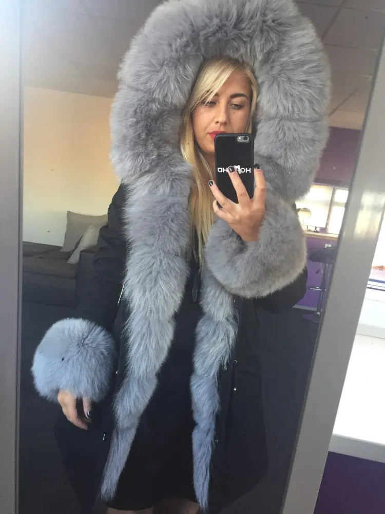 Colorblock Real Fur Oversized Collar Hip-Hop Design Women's Hooded Full Pelt Trenchcoat