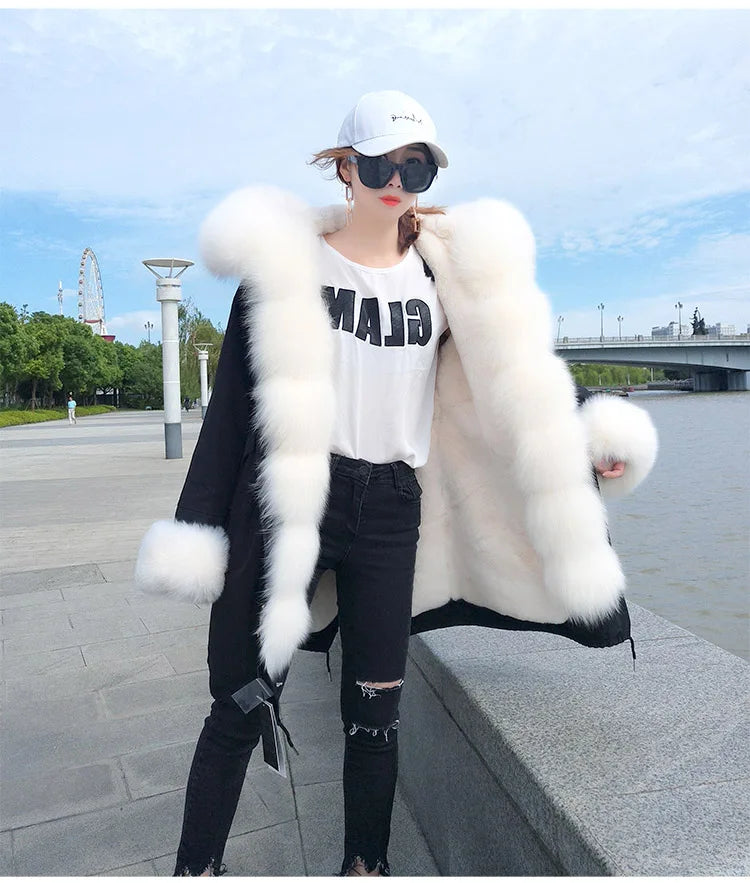 Colorblock Real Fur Oversized Collar Hip-Hop Design Women's Hooded Full Pelt Trenchcoat