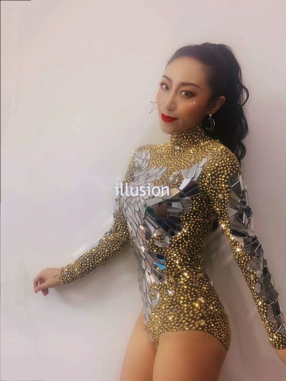 Sparkling Metallic Geometric Rhinestone Mirror Performance Bodysuit Costume