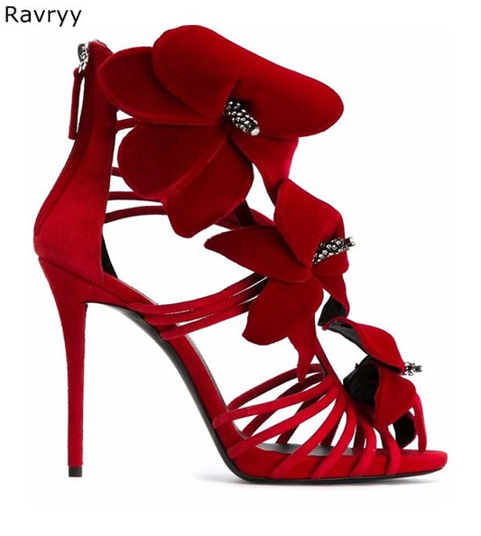 Red Flower Crystal Thin Heel Sandals