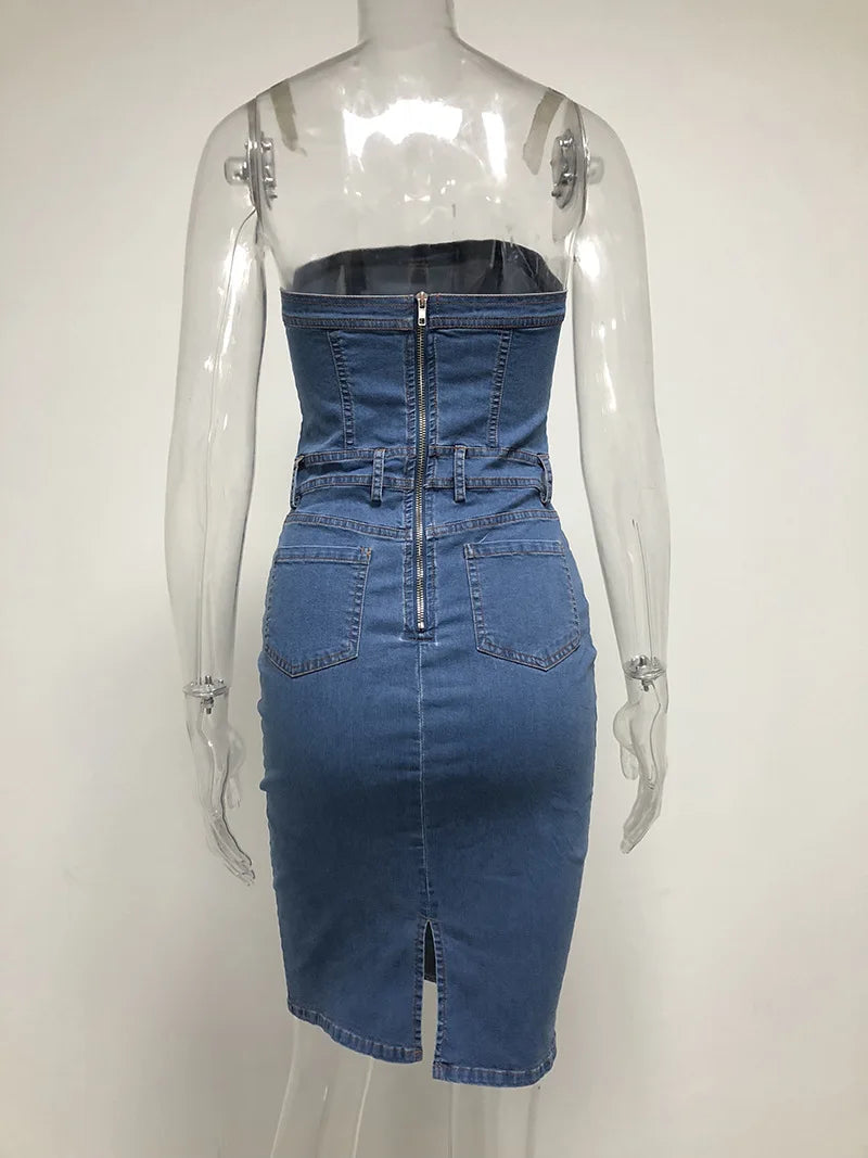 Denim Blue Slash Neck Strapless Bodycon Sleeveless Zipper Back Mini Tube Jean Dress